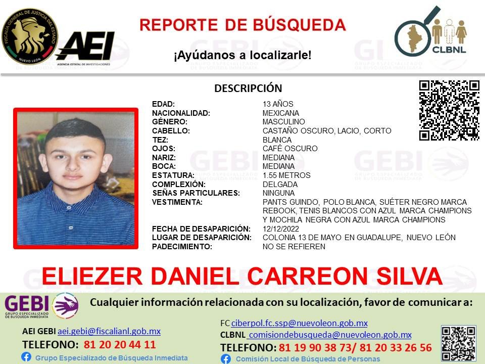 Reporte de búsqueda de la Fiscalía General de Justicia de Nuevo León.