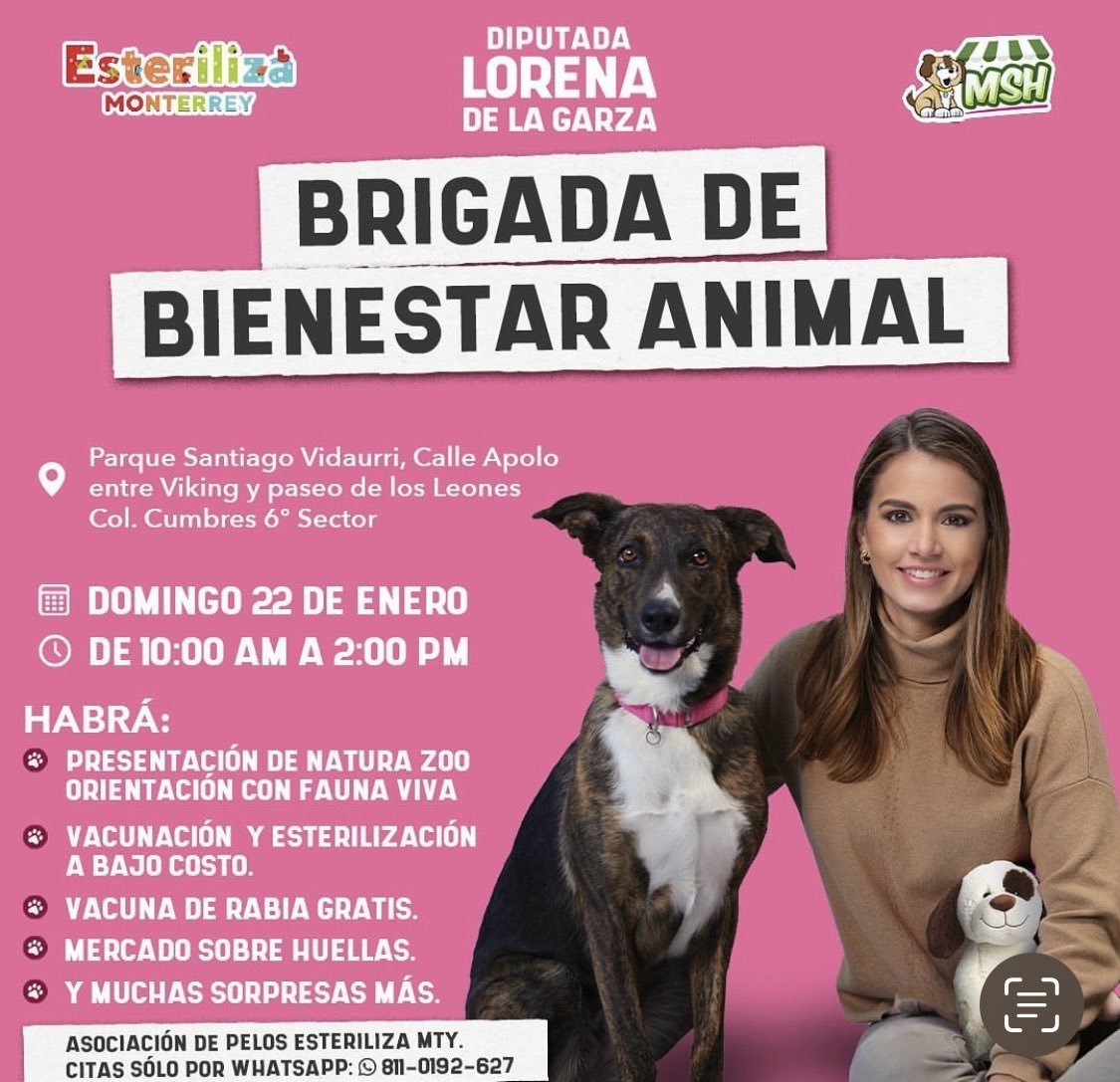 La Diputada del Partido Revolucionario Institucional, Lorena de la Garza, invita a todos los habitantes de Cumbres 6° sector a la Brigada De Bienestar Animal.